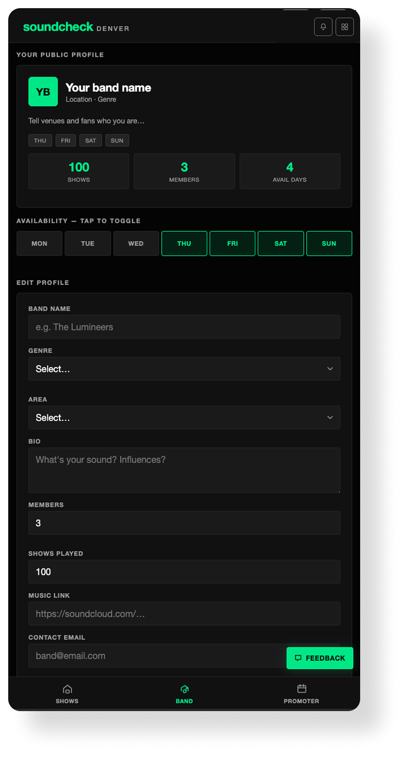 Screenshot of a Soundcheck Denver band profile page showing band name, location, genre, available days, number of shows, members, a bio section, music link, contact email, and navigation tabs at the bottom.