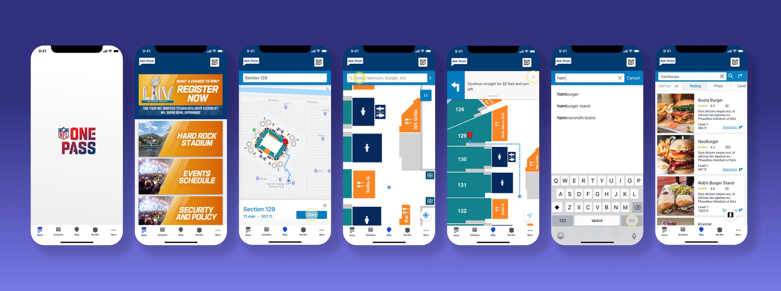 Sequence of six smartphone screens showing the NFL app interface for event and stadium navigation, including map views, seat selection, search functions for food and amenities, and ticket options, with a purple background.