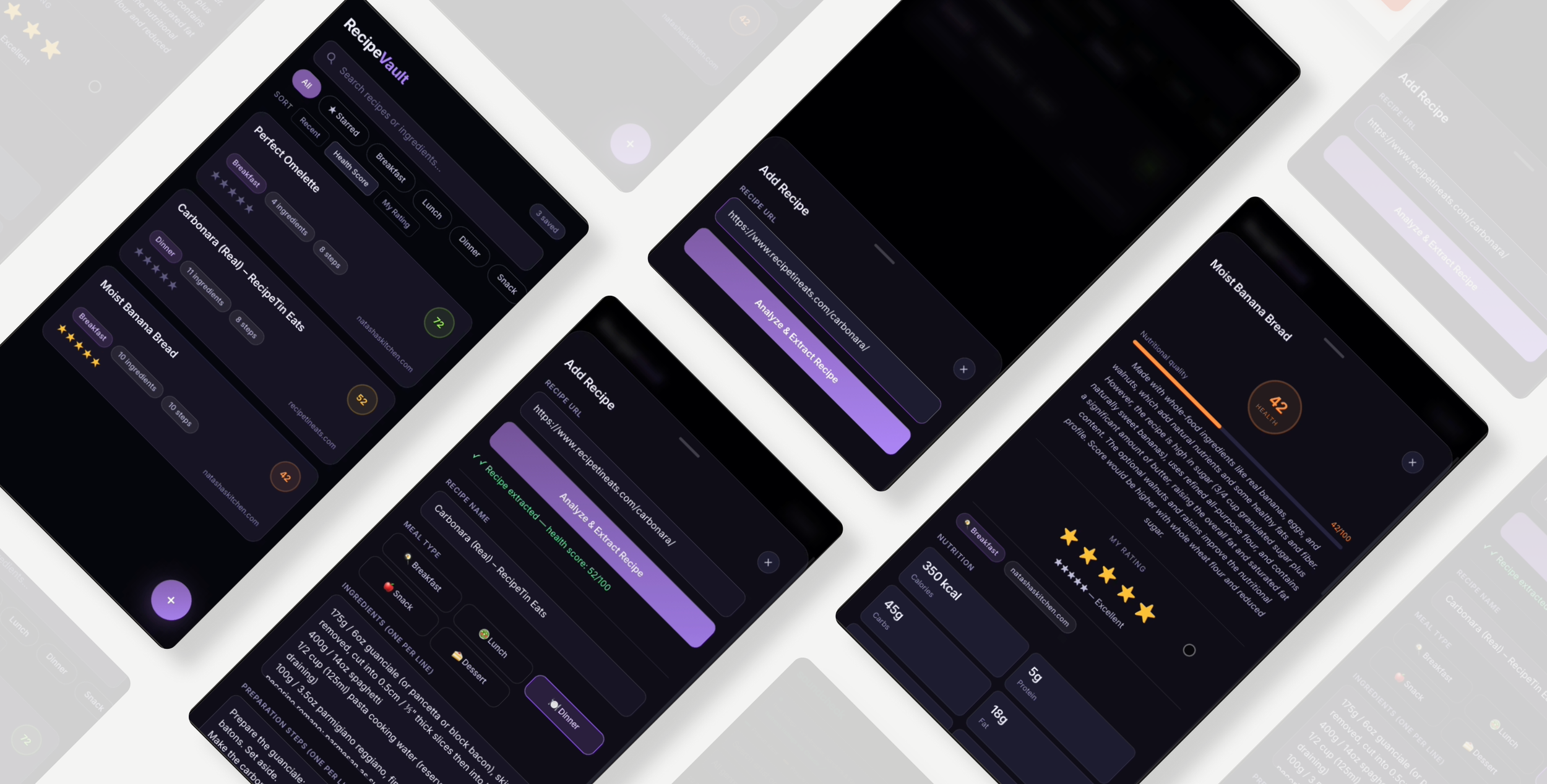 Multiple smartphone screens displaying a recipe app with dark mode interface, showing recipe details, ratings, nutritional information, and options to add or analyze recipes.