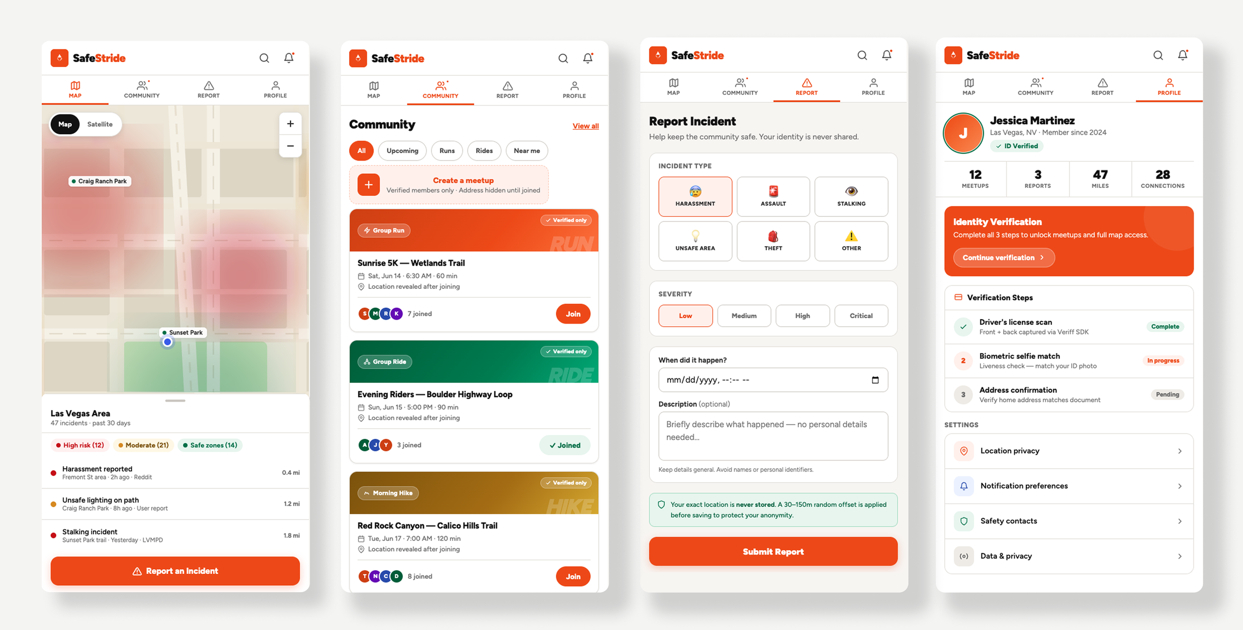 Screenshots of the SafeStride mobile app interface showing map, community, report incident, and profile sections with various features for reporting incidents, joining community events, and verifying identity.