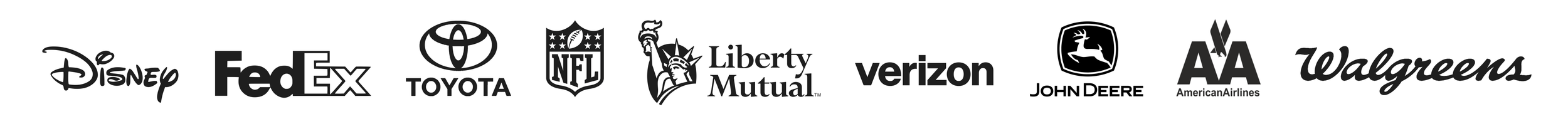A collection of black and white logos of various brands and companies, including Disney, FedEx, Toyota, NFL, Liberty Mutual, Verizon, John Deere, American Airlines, and Walgreens.
