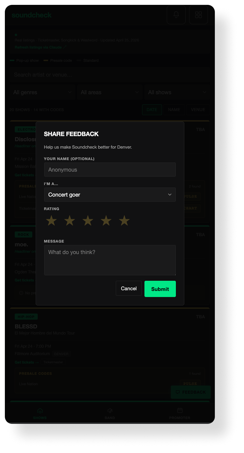 Screenshot of a webpage with a pop-up feedback form titled 'Share Feedback.' The form includes fields for optional name, a dropdown with 'Concert goer' selected, star ratings, and a message box with the prompt 'What do you think?' There are 'Cancel' and 'Submit' buttons at the bottom.