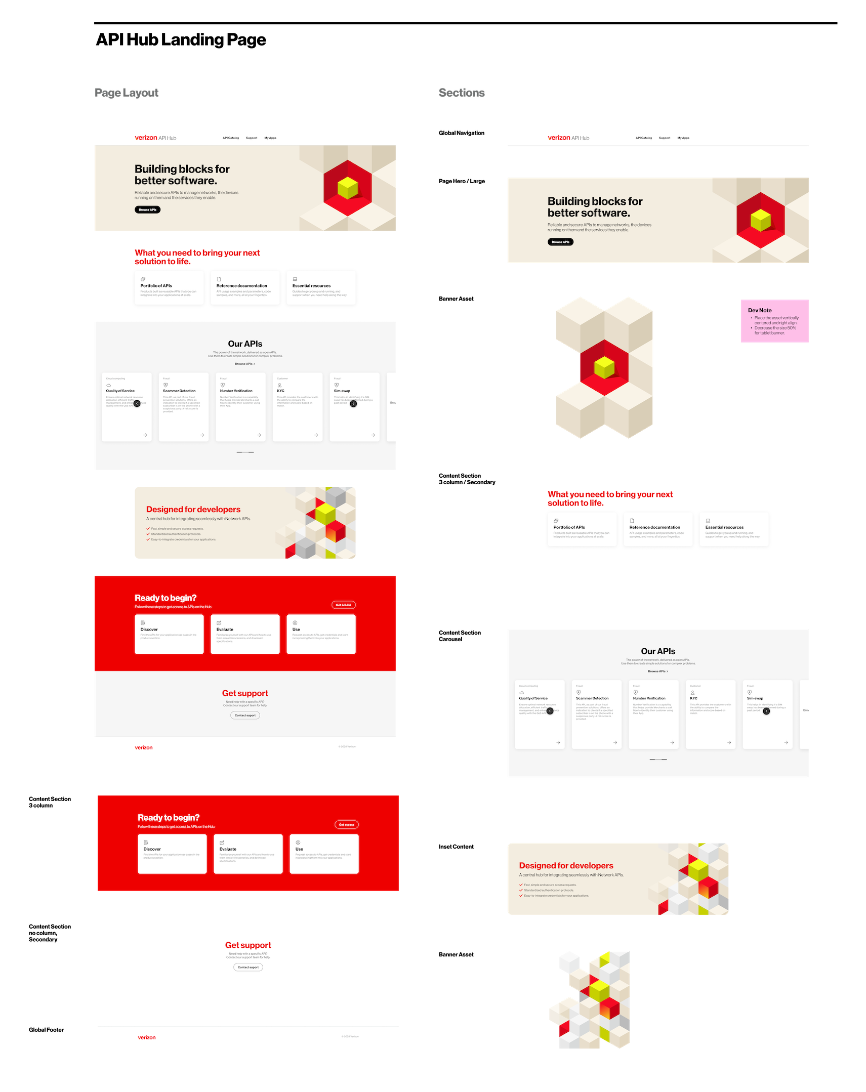 Comparison of two websites on a monitor screen, showing different layouts of a developer-focused API hub with headings, text, buttons, and colorful geometric graphics.