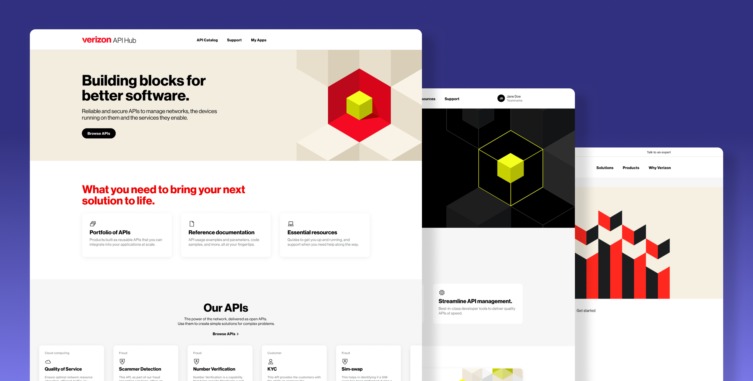 Overlapping screenshots of website pages for Verizon API Hub, featuring geometric logo designs, headings, and sections about APIs, solutions, and support, with a dark blue background.