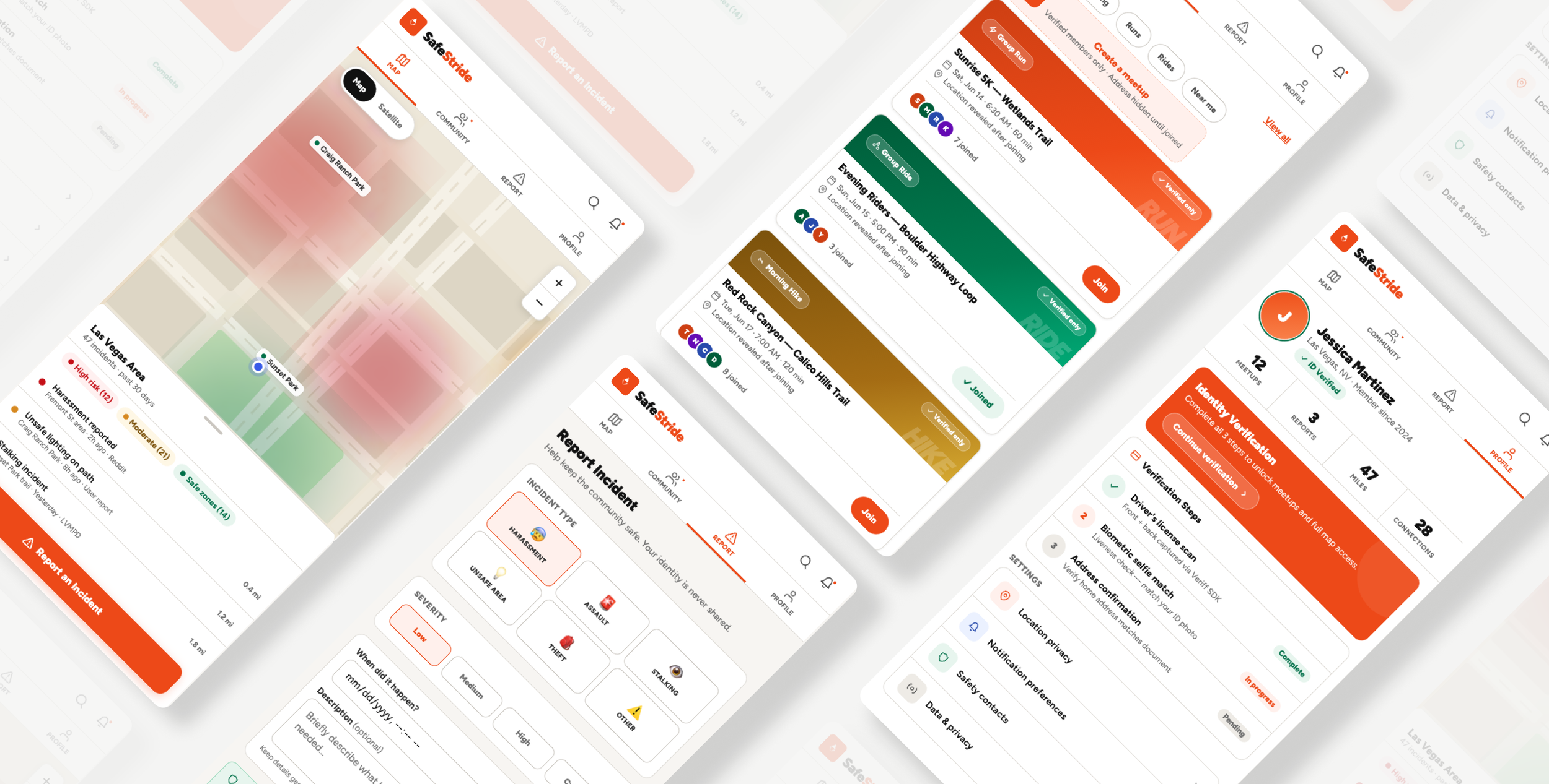 Screenshots of a safety and incident reporting mobile app interface showing maps, incident reports, and event details with color-coded risk levels.