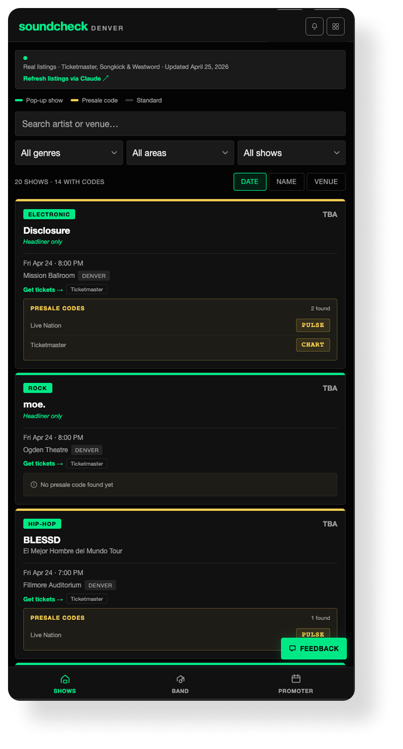 A screenshot of the Soundcheck Denver website showing upcoming music events on April 24, 2026, including electronic, rock, and hip-hop concerts with ticket information and presale codes.