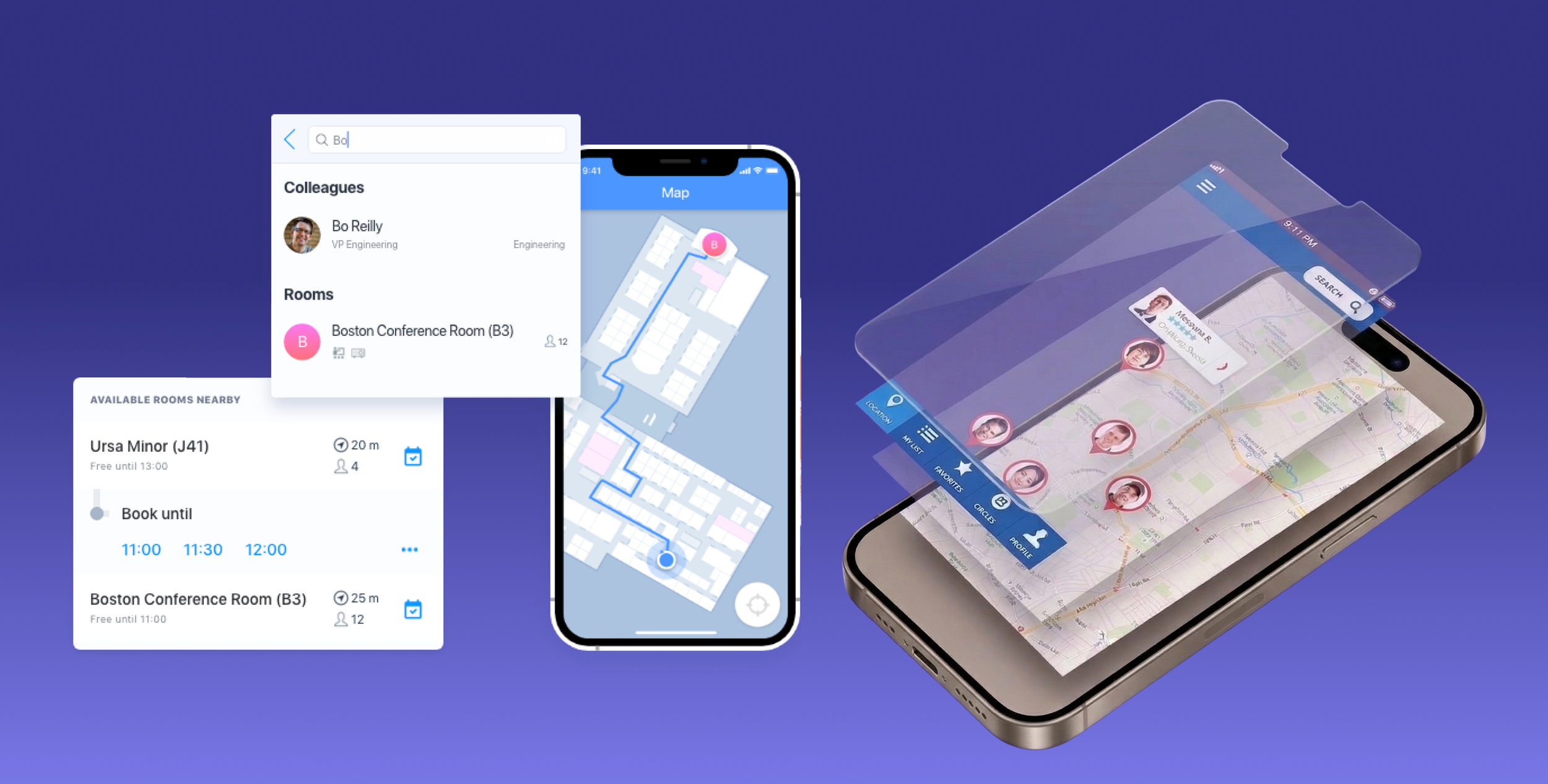 Smartphone screens displaying a building navigation app, a room booking app with floor plan, and a personal map with contact profiles.