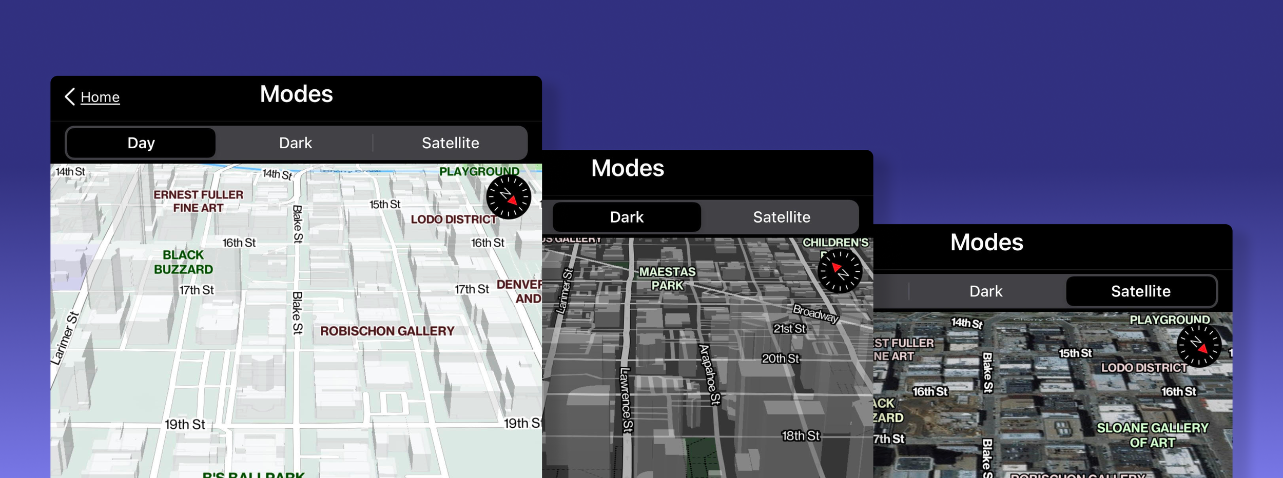 Screenshots of a map application showing different map modes: Day, Dark, and Satellite. The maps display neighborhoods like LoDo District, Denver Art, and playgrounds, with streets and landmarks labeled, in both light and dark themes.