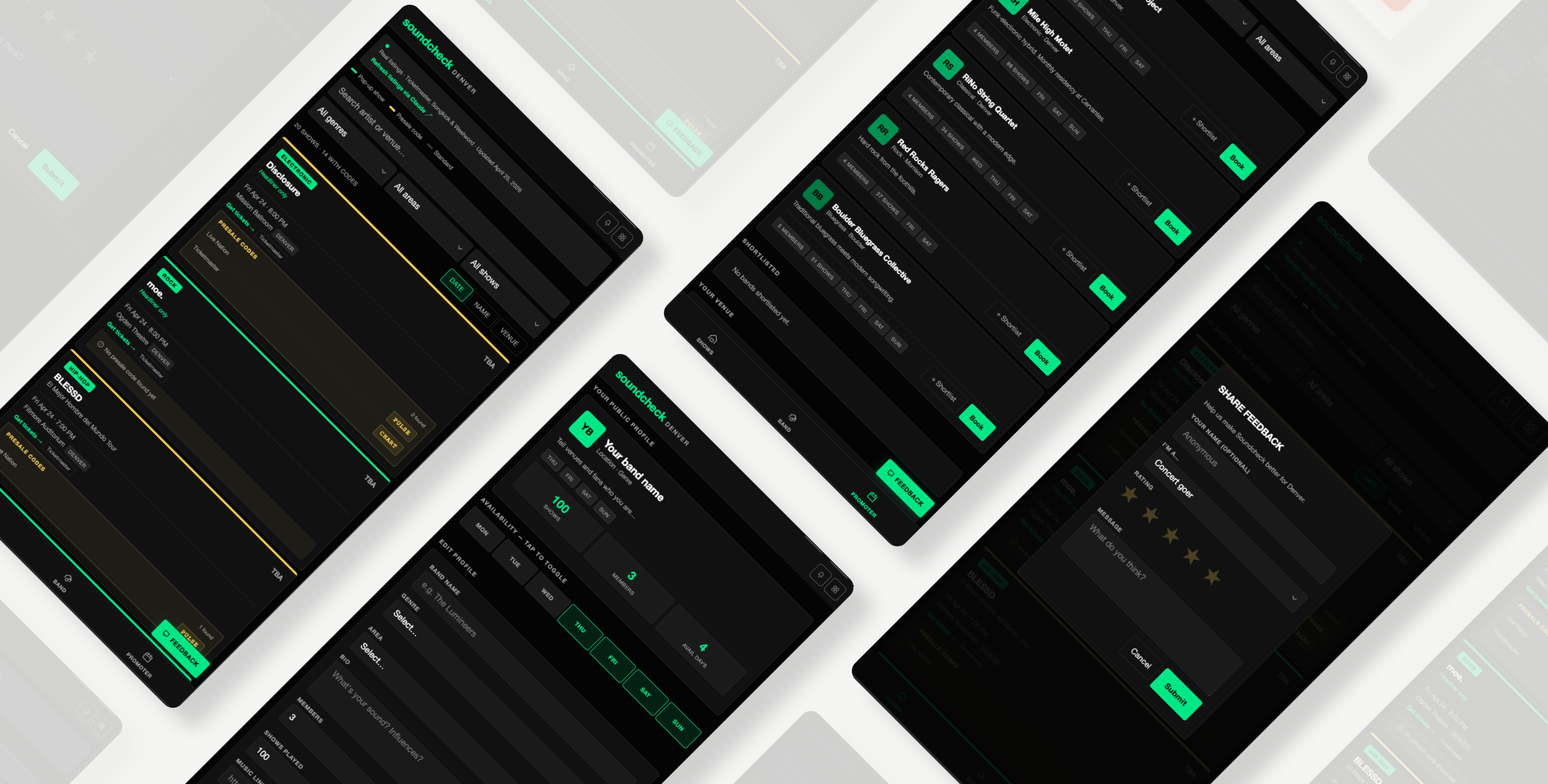Multiple mobile phones displaying the Soundcheck Denver app interface with dark mode, green accents, and various music venue and artist information.