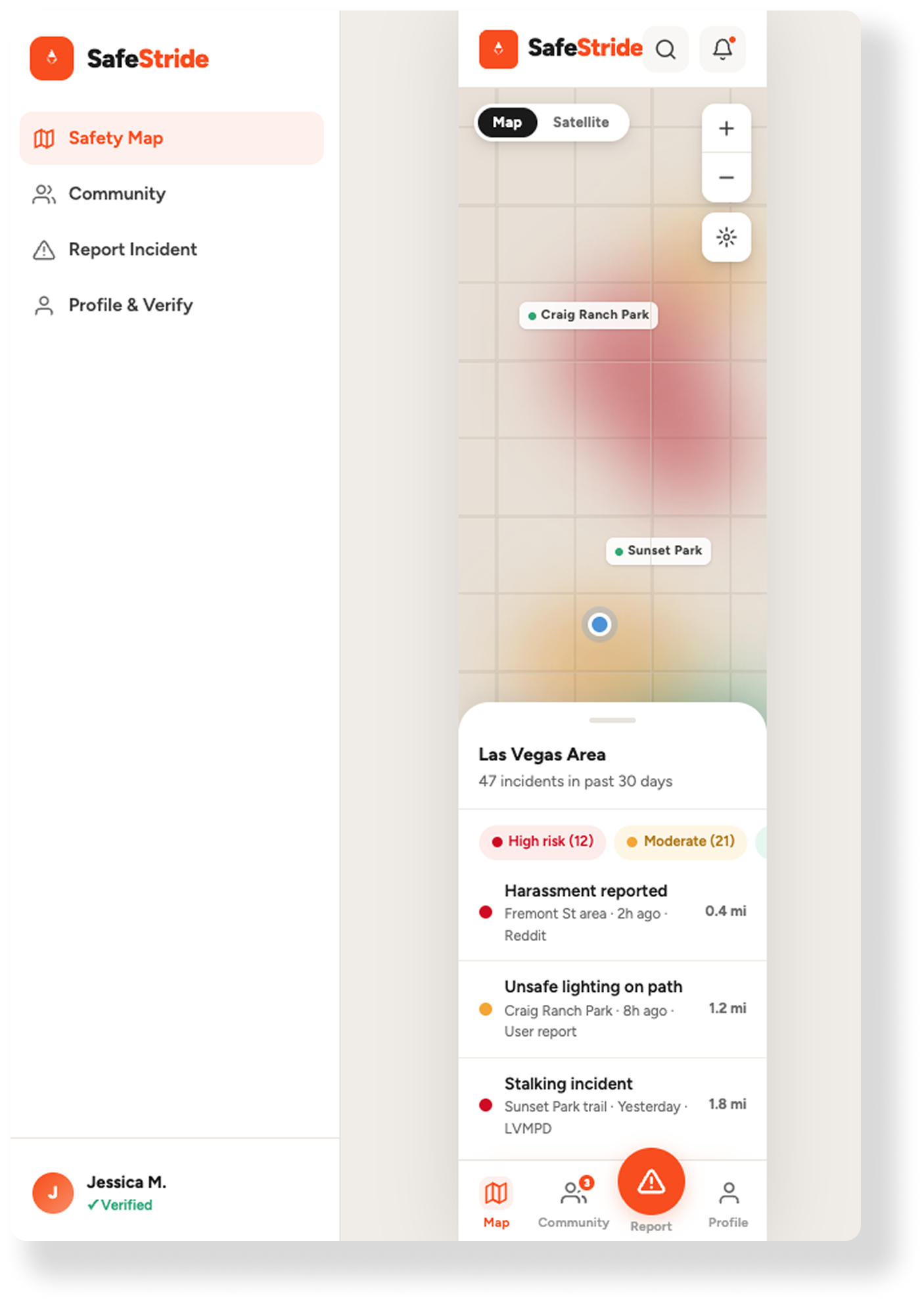 Screenshot of the SafeStride mobile app displaying a safety map of Las Vegas area with incident reports and risk levels, along with menu options for community, report incident, profile, and navigation icons.