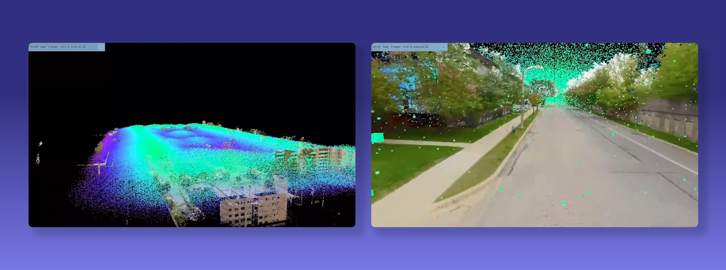 Comparison of a 3D point cloud visualization and a regular photo of a street with trees, sidewalk, and parked cars.