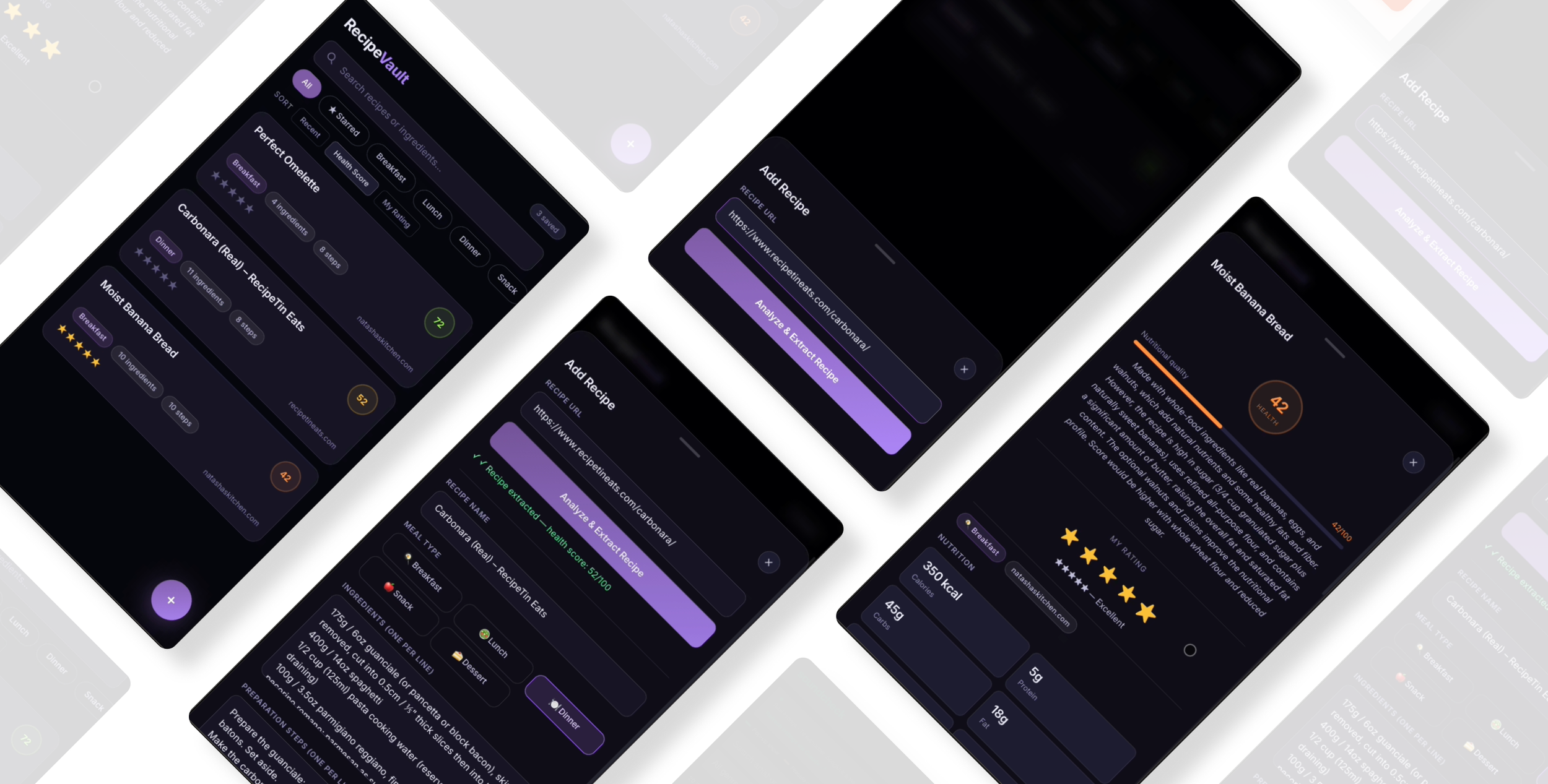 Multiple screens of a recipe app showcasing various recipes, ratings, nutritional info, and a dark themed interface.