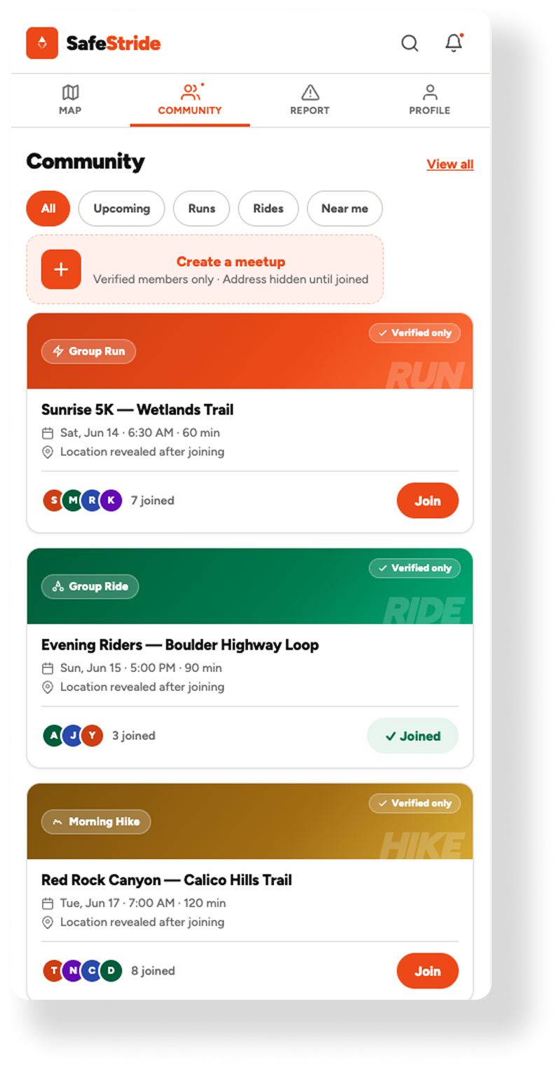 Screenshot of the SafeStride mobile app's community page showing scheduled group events: a sunrise 5K run, an evening bike ride, and a morning hike, with join buttons and participant info.