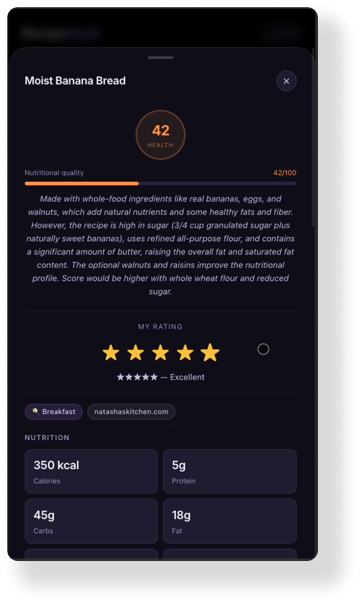 Screen displaying nutrition information for moist banana bread, including a health score of 42 out of 100, detailed nutritional content, and a user rating of five stars.
