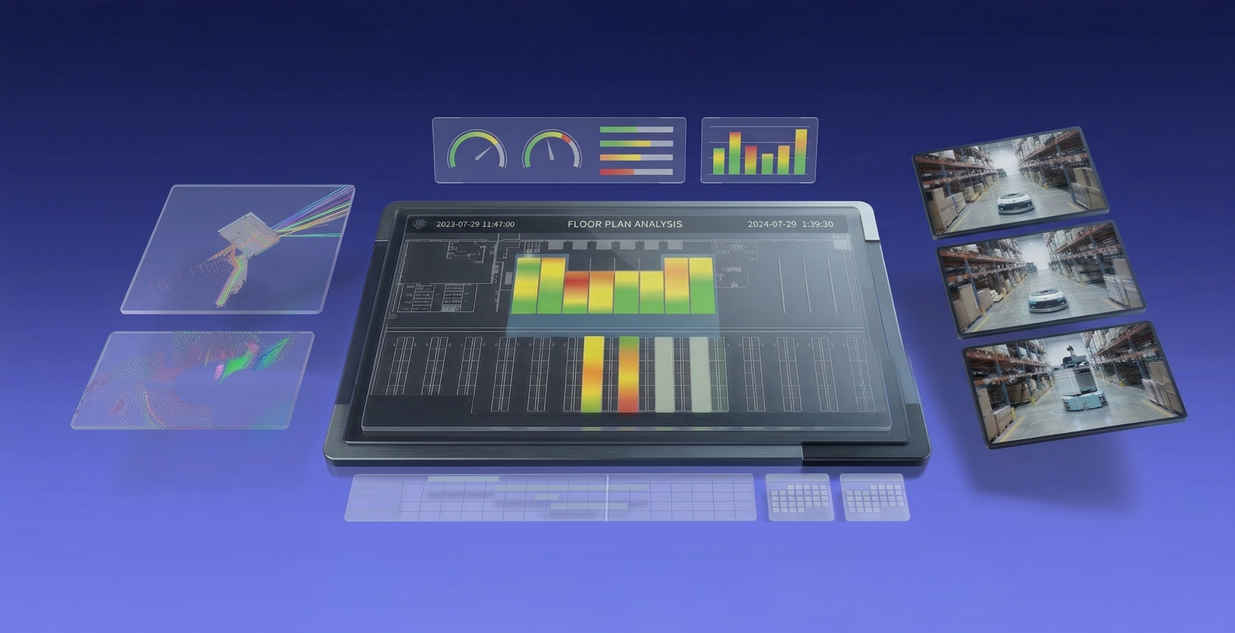 Digital interface with analytics, graphs, floor plan analysis, and video feeds of a warehouse with a car, indicating inventory or logistics management.