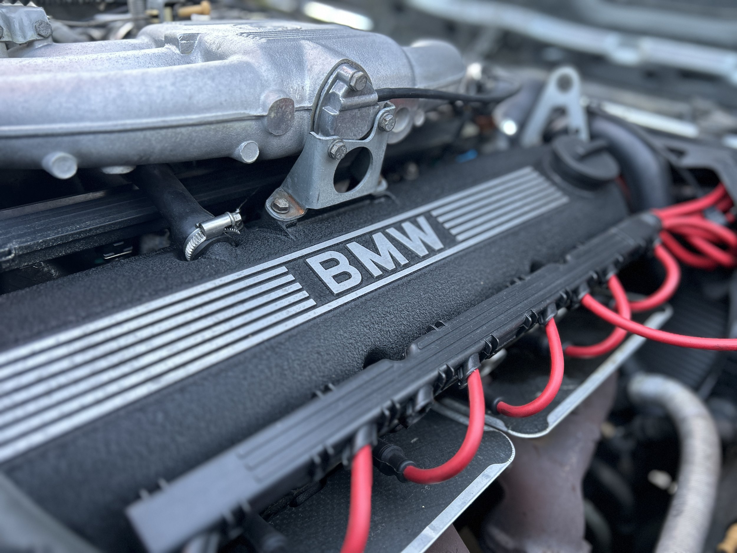 Close-up of a BMW engine with red ignition wires and a black valve cover labeled 'BMW' with silver stripes.