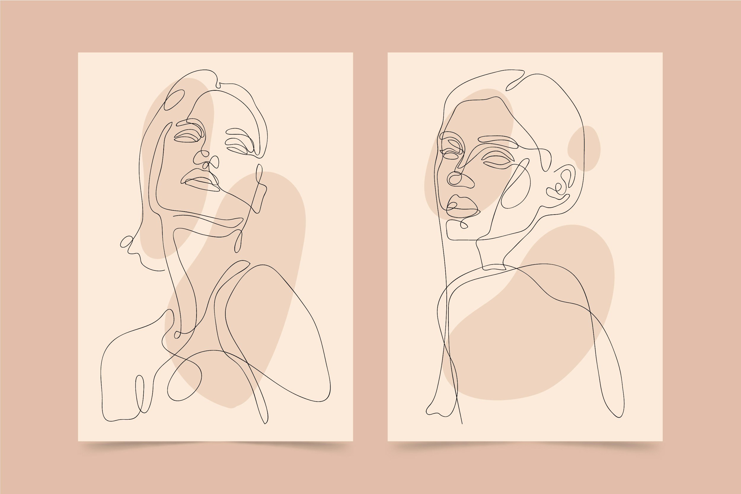 Two minimalist line art portraits of women on a beige background with abstract shapes, styled in continuous line drawing.