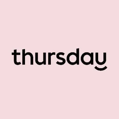 The word "thursday" written in bold black letters on a light pink background.
