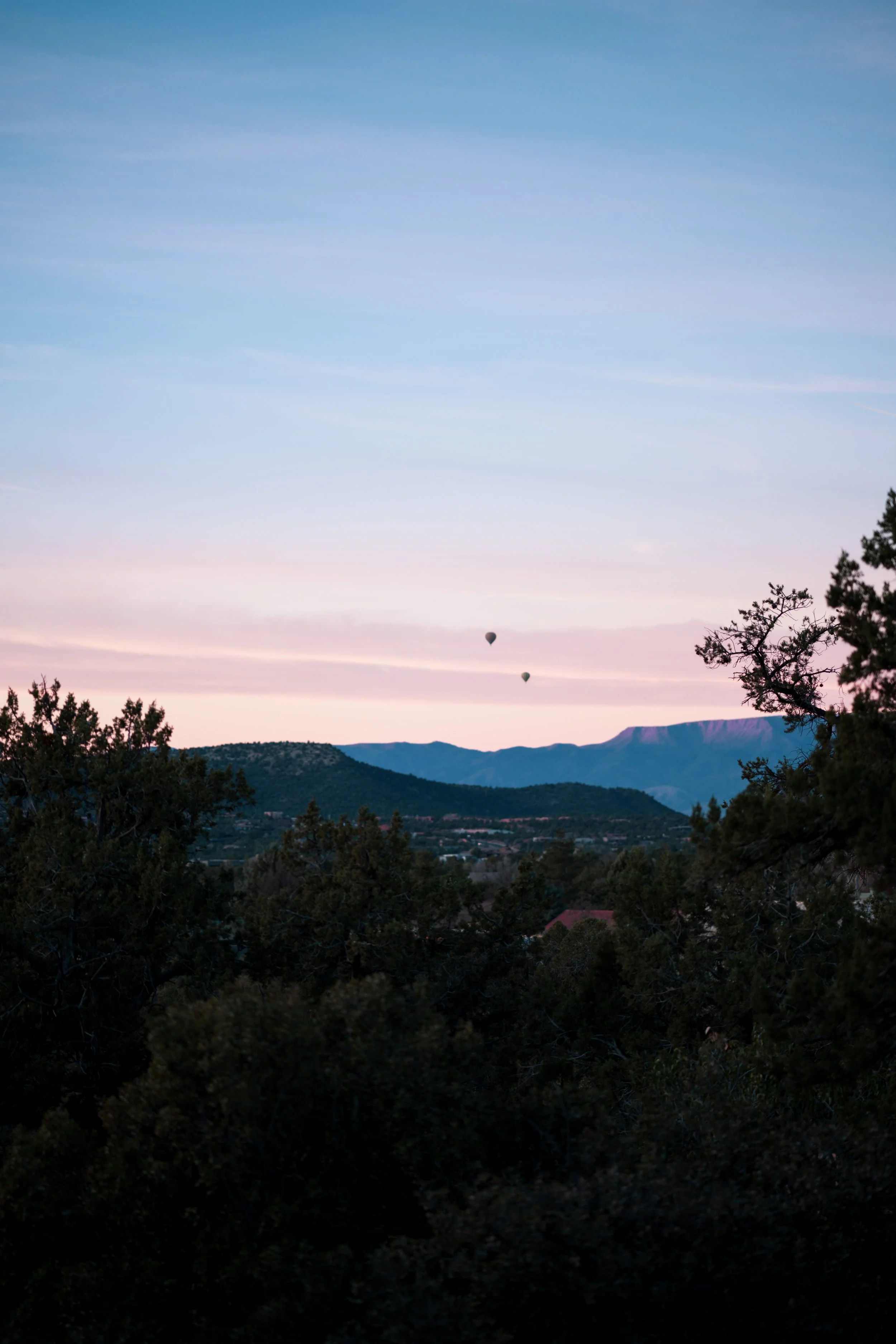 A scenic landscape with trees in the foreground, mountains in the background, and a pastel-colored sky at sunset with two hot air balloons floating in the distance.
