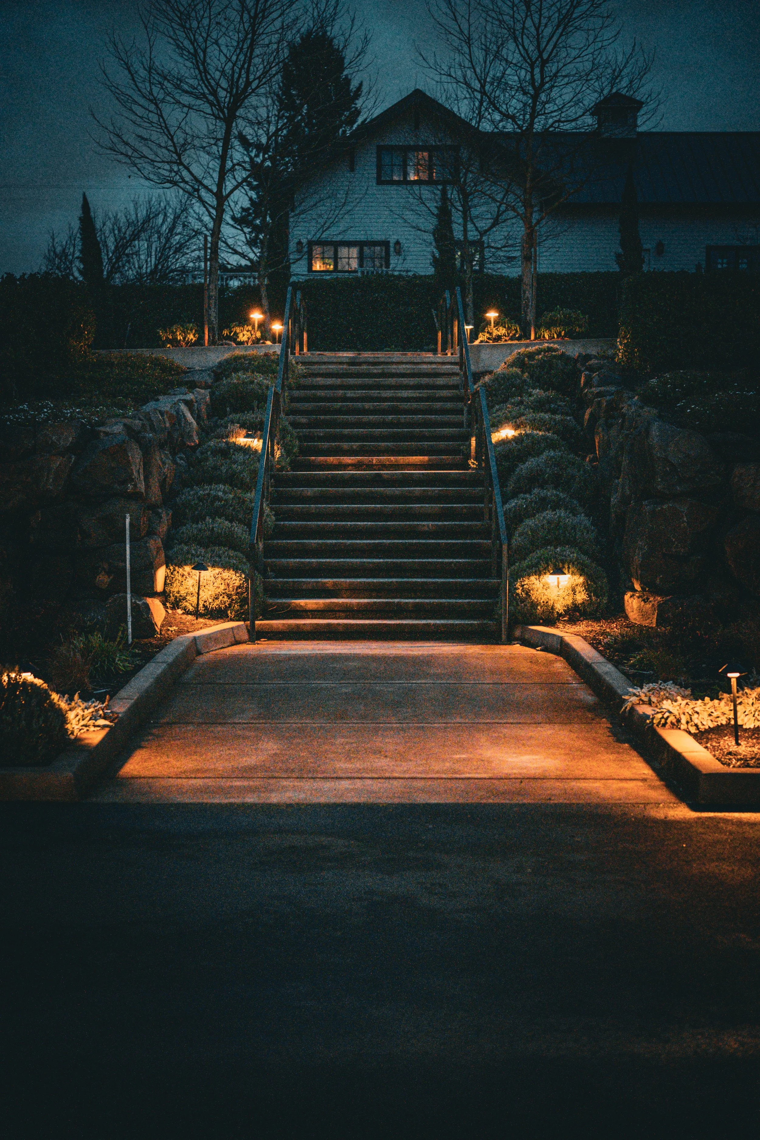 Nighttime view of an outdoor staircase with handrails, leading to a house with lit windows, surrounded by landscaped bushes and trees with no leaves.
