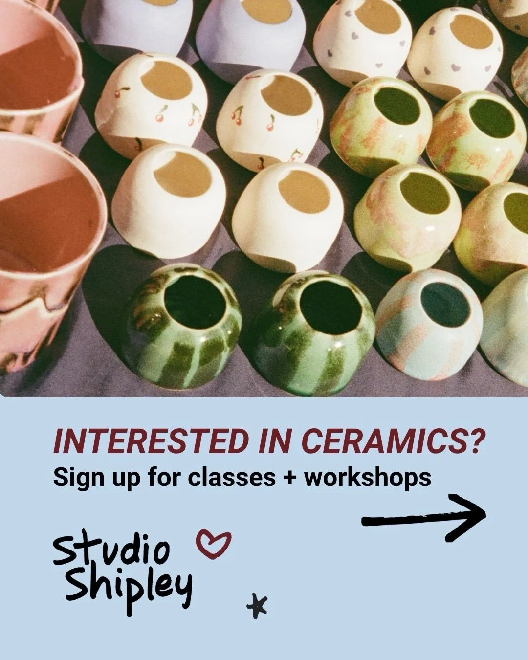 Classes and workshops start the week of April 13th at Studio Shipley! Come enjoy some Springtime making in the studio! 

🩵 6-week Wheel Throwing Tuesdays &amp; Thursdays with @dogmanbirdgirl 
🩵 6-week Handbuilding Mondays with @tomilchiki 
🩵 Mug m