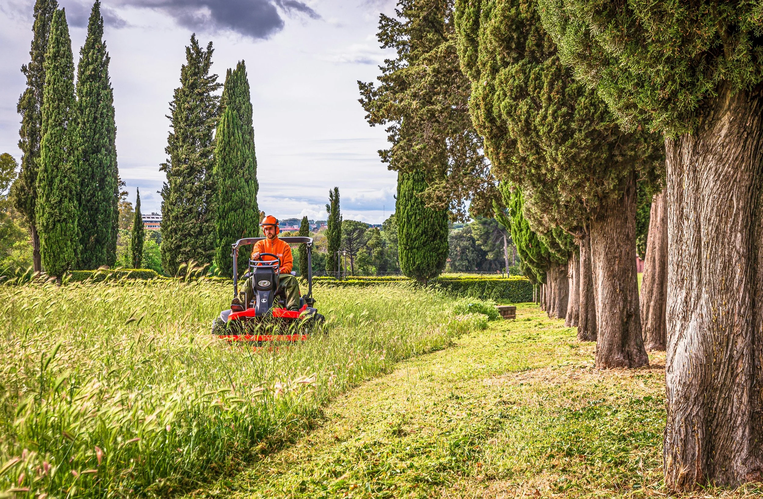 A worker operating a lawn mower in a lush, green park with tall trees and a grassy area under a cloudy sky.