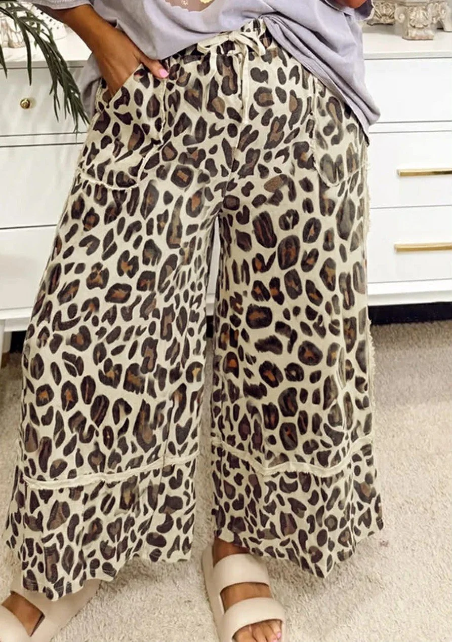 Khaki Leopard Wide-Leg Cropped Pants