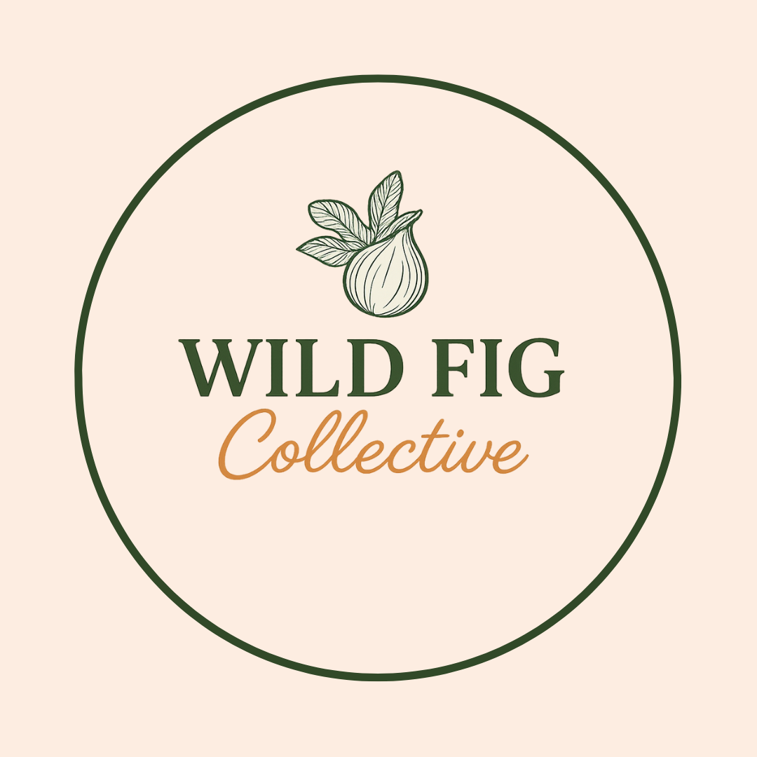 Logo with a hand-drawn onion and leaves, with the text 'Wild Fig Collective' on a beige background.