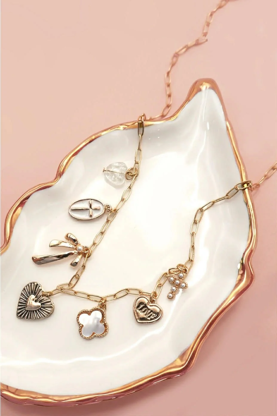 Gold Charm Necklace-Clover, Bow, Cross, and Heart