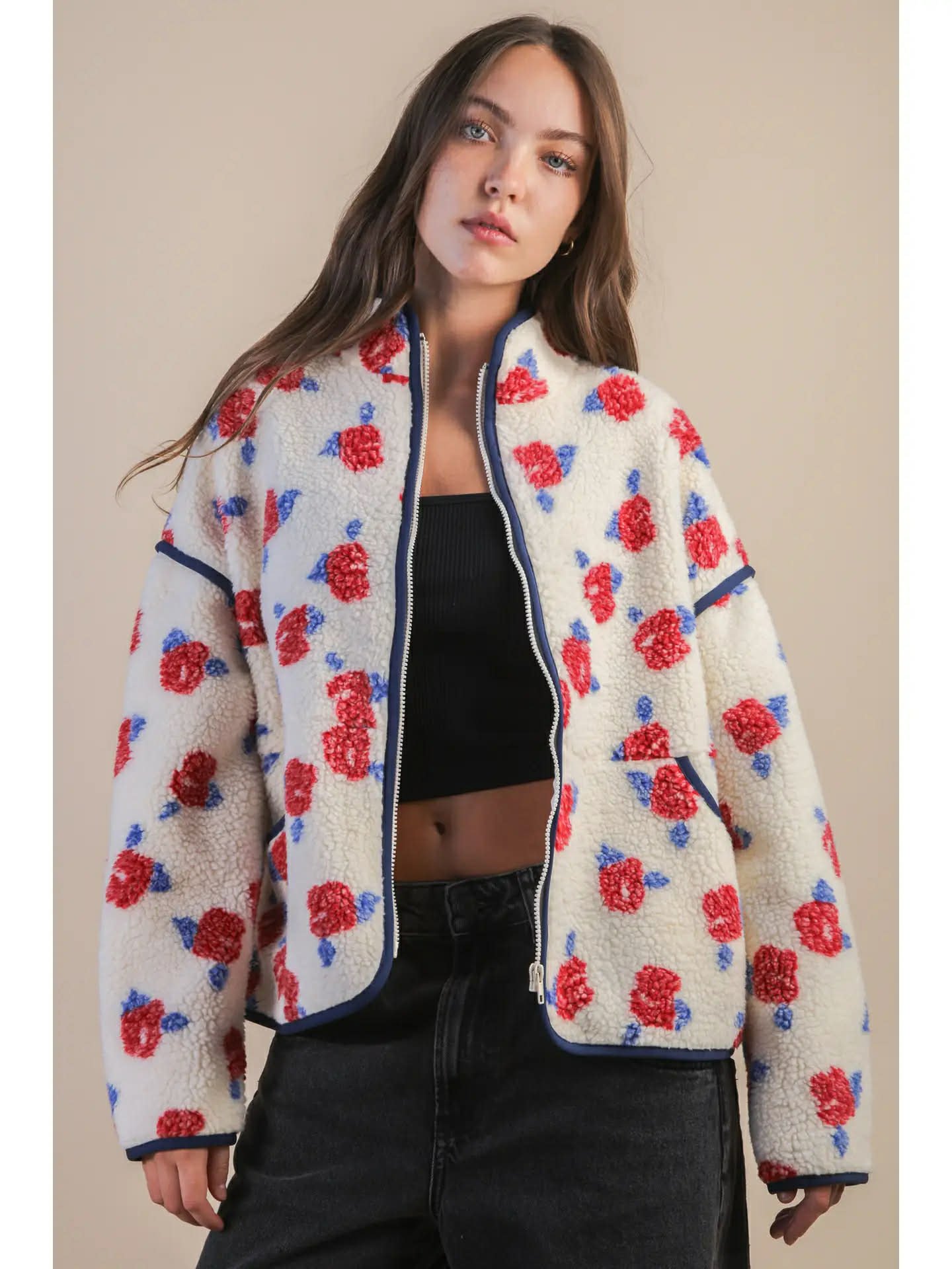 Floral Cozy Zip-Up Fleece Jacket (Plus size)