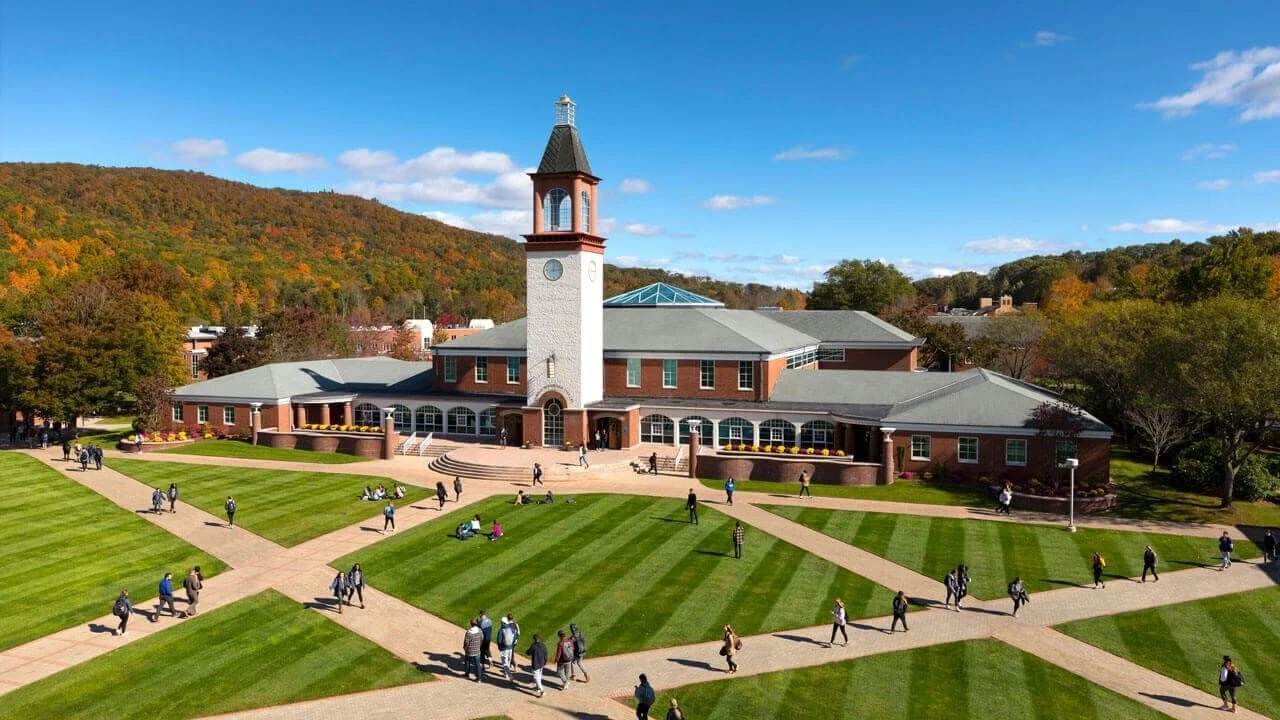 Students walk near the Arnold Bernhard Library on a sunny day
