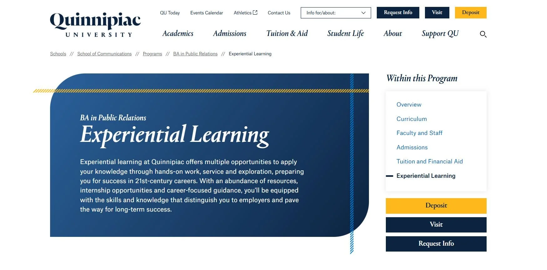 Quinnipiac University BA in Public Relations Experiential Learning Header