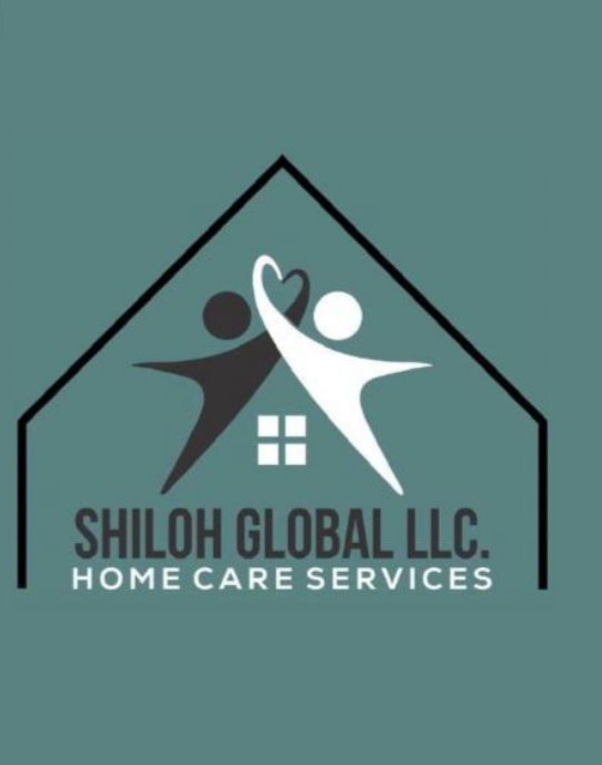 Logo for Shiloh Global LLC Home Care Services featuring two abstract human figures, one black and one white, forming a heart shape between them, with a house outline and a window above the company name.