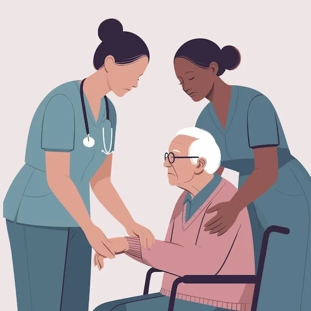 Two nurses comforting an elderly man in a wheelchair.