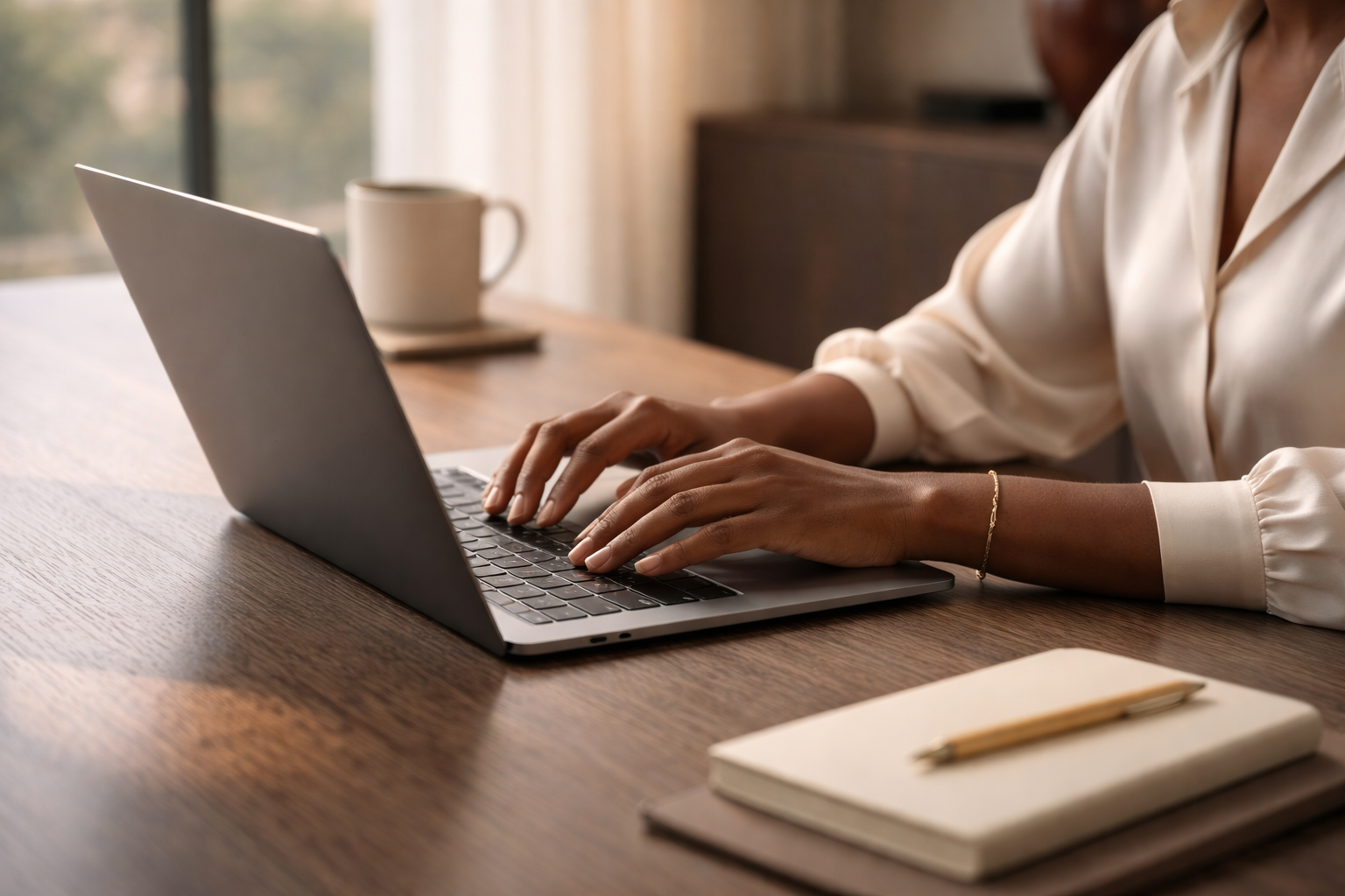 Person typing on a laptop at a wooden desk with a notebook and pen, a coffee mug in the background.