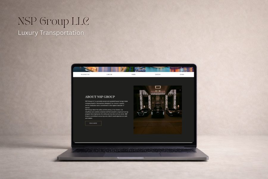 Laptop displaying a website for NSP Group LLC, a luxury transportation service, with a city skyline background at night.