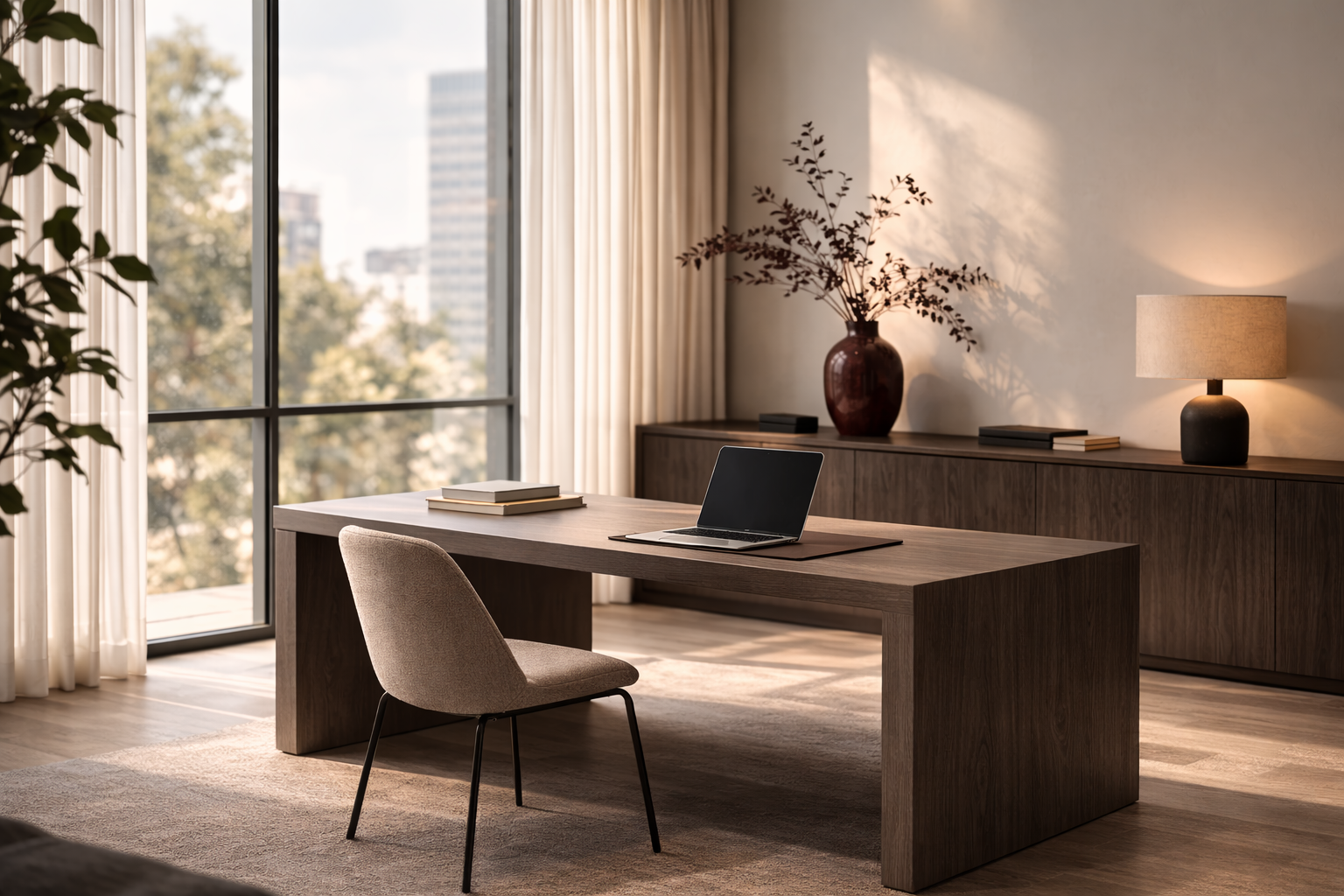 Modern work office with wooden desk, beige chair, laptop, books, a sideboard with a large red vase and a table lamp, large window with white curtains, and cityscape view outside.
