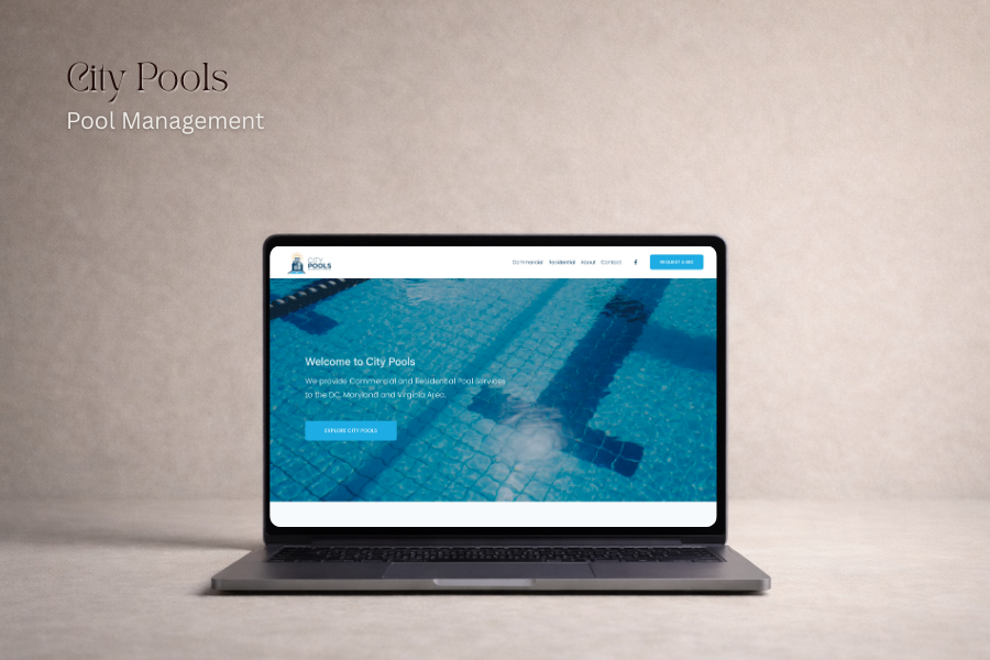Open laptop displaying a website for City Pools with a swimming pool image in the background.