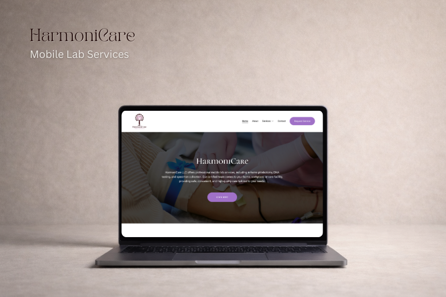 Laptop displaying the homepage of HarmoniCare Mobile Lab Services, featuring a medical testing scene with a healthcare professional using a glucometer.