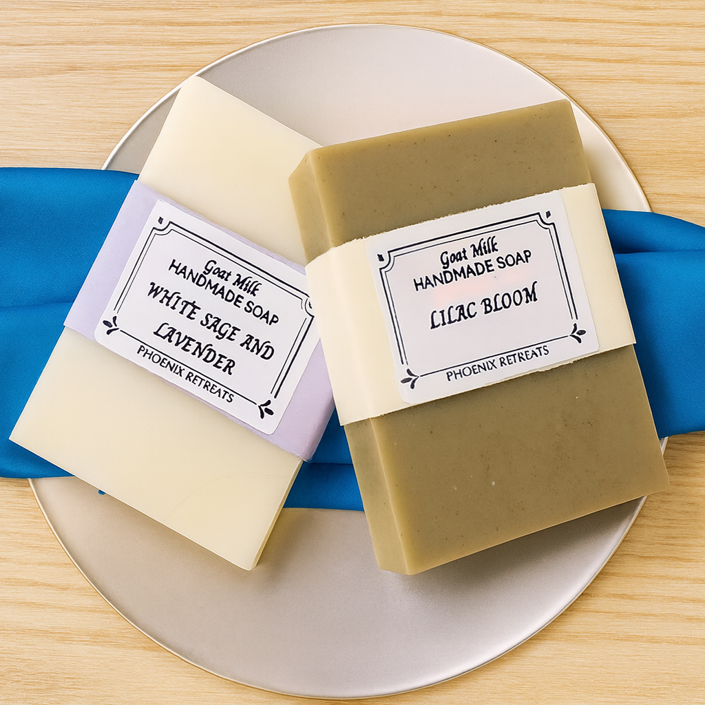 Two bars of handmade goat milk soap, one labeled 'White Sage and Lavender' and the other labeled 'Licac Bloom,' on a round white plate with a blue cloth underneath.