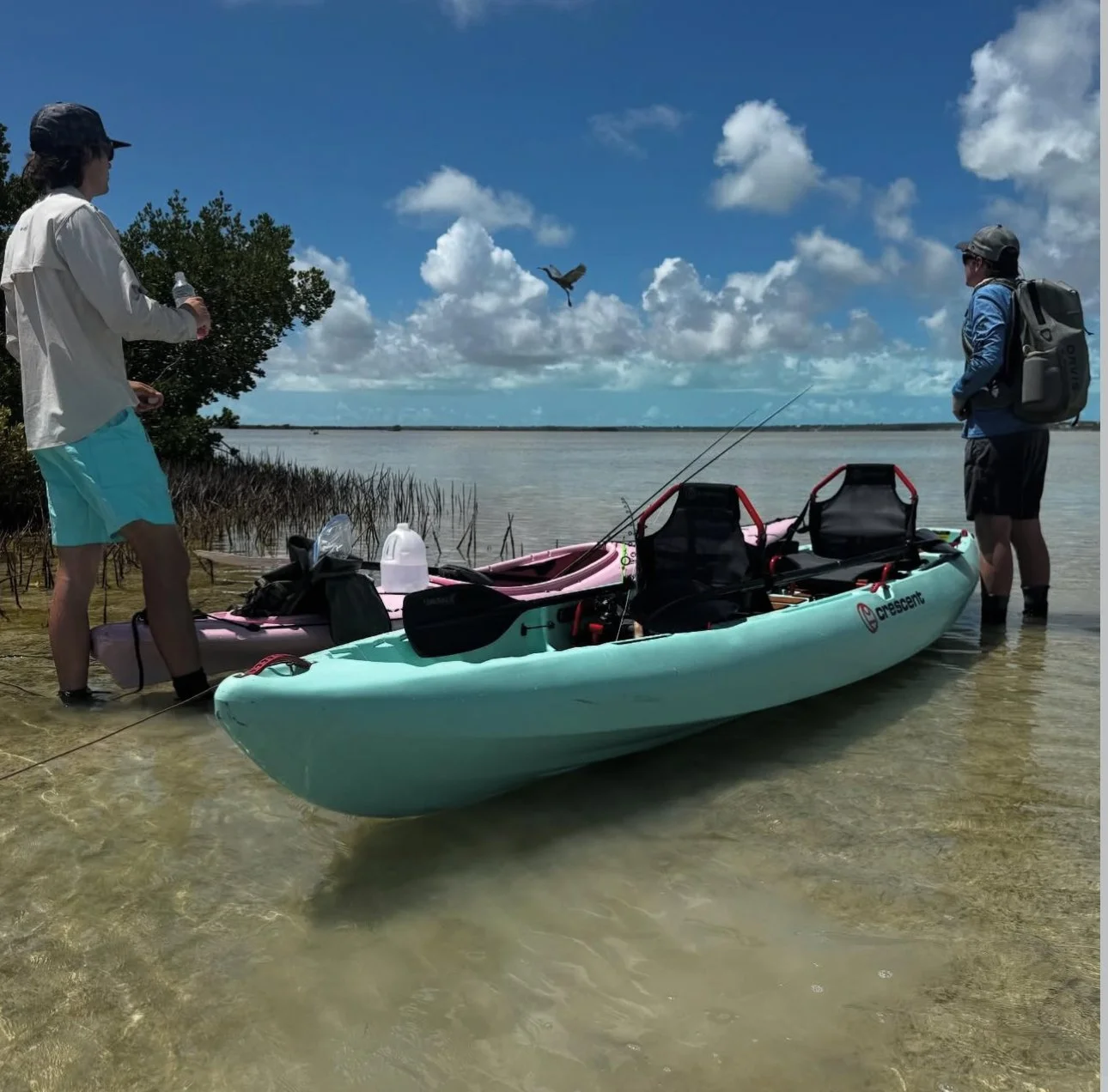 Two people preparing kayaking equipment near a body of water with a kayak on the shore, several fishing rods, and a bird flying overhead.