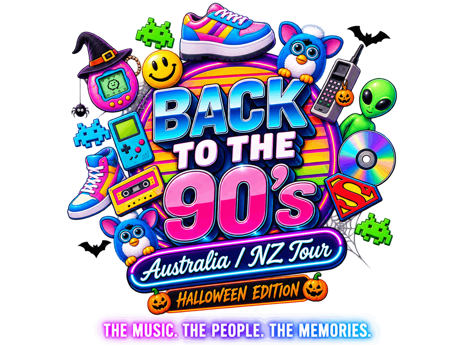 Colorful graphic promoting a 'Back to the 90s' tour with various 90s and Halloween-themed items, including a sneaker, a smiley face, a ghost, alien, cassette tape, neon signs, and Halloween pumpkins.