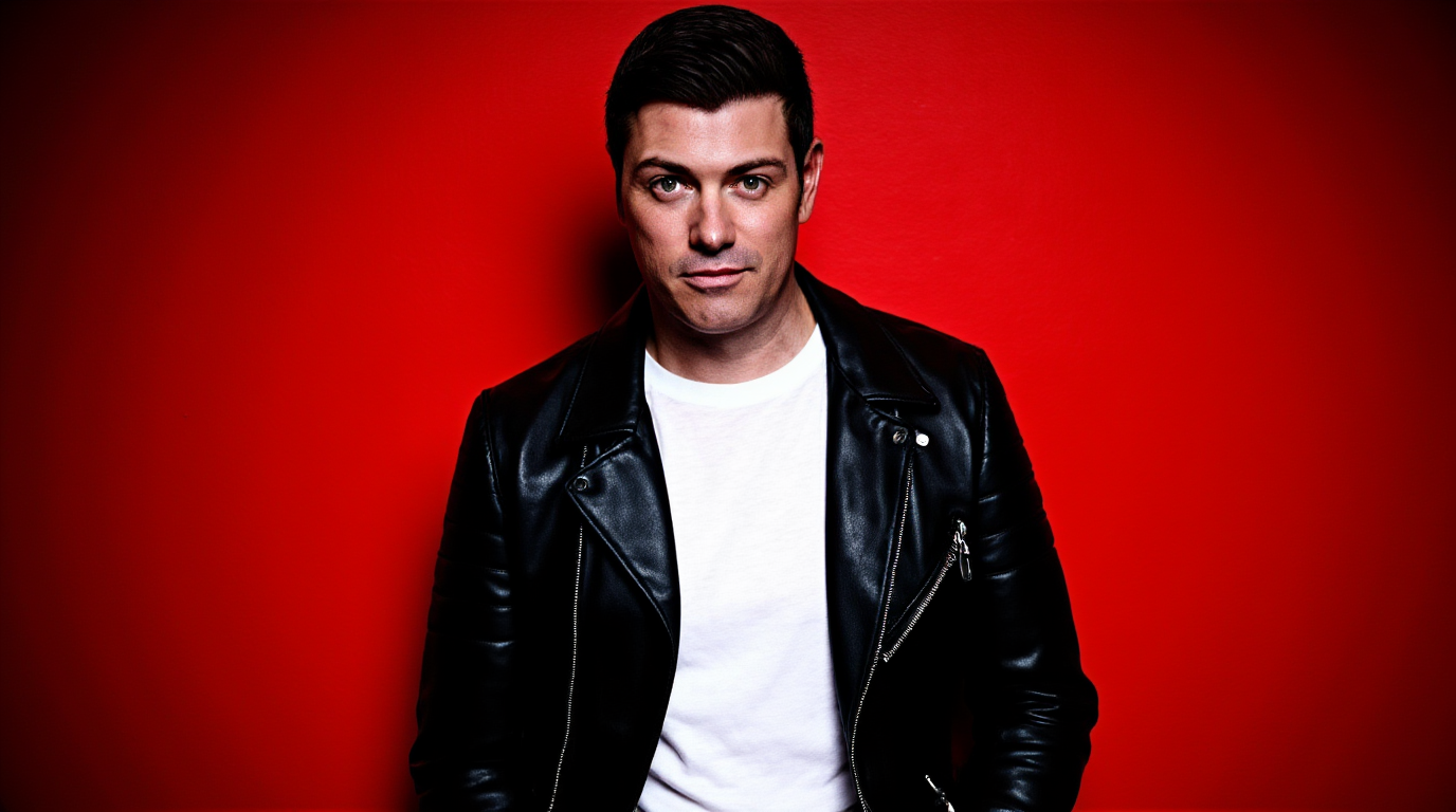 A man with dark hair and blue eyes wearing a black leather jacket and a white T-shirt poses against a red background.
