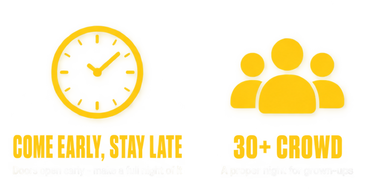 A graphic with a yellow clock and yellow group of people icons, promoting an event with early doors and a crowd of over 30,000 for a full night.