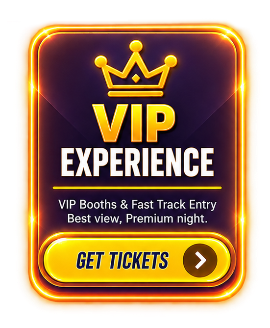 Neon sign advertising VIP experience with fast track entry and best view, includes a yellow button to get tickets.