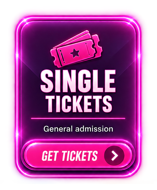 Digital neon-style sign for single tickets, featuring a ticket icon and a button labeled 'Get Tickets' with an arrow.