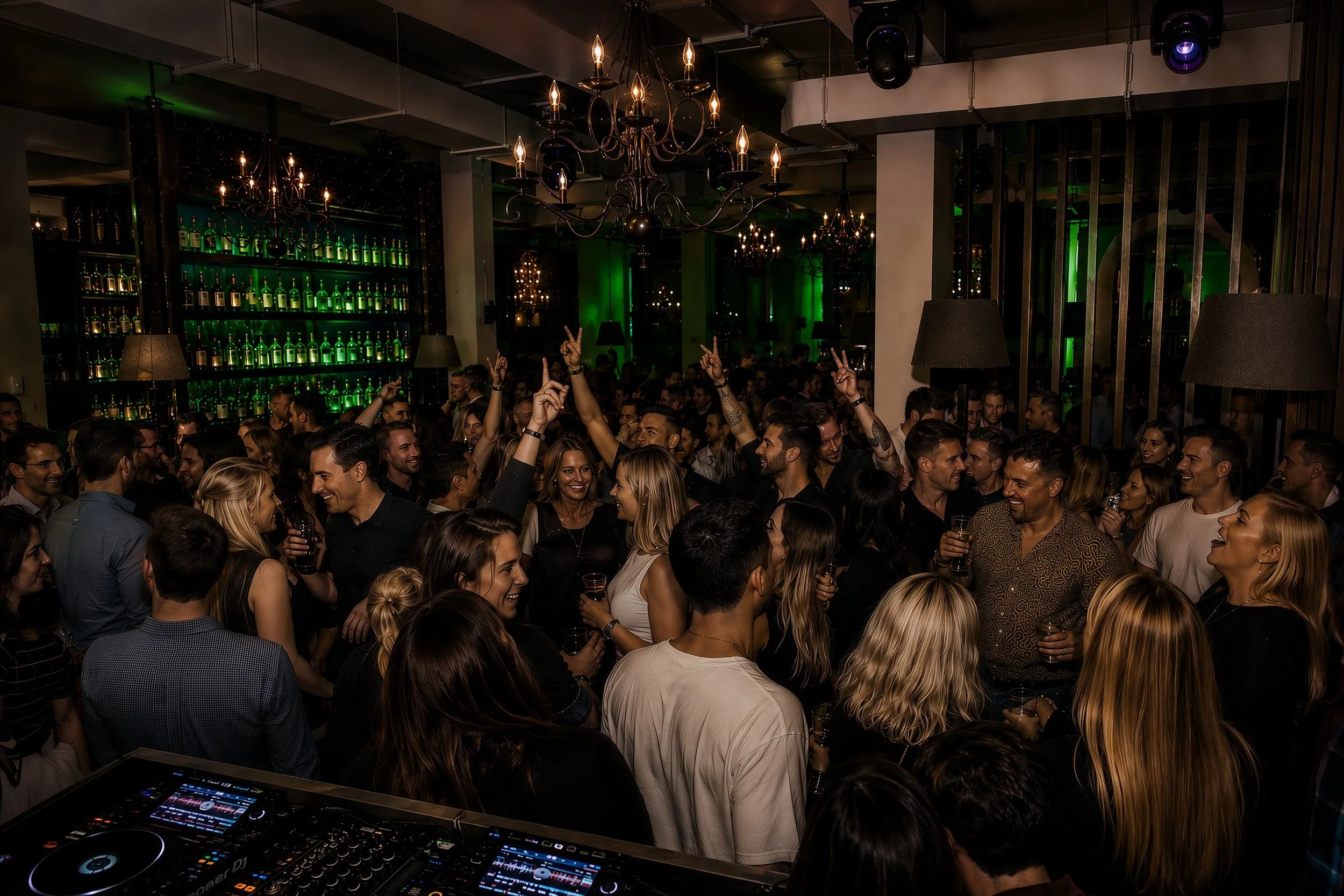 A crowded nightclub with many people dancing and socializing. The room is decorated with chandeliers, green lighting on the walls, and shelves filled with bottles of alcohol.
