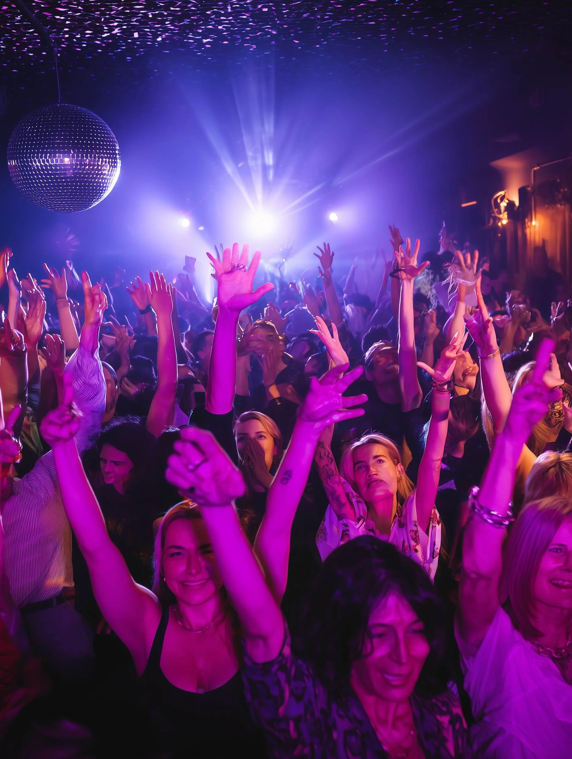 A crowded dance floor at a nightclub with colorful purple and blue lighting, a disco ball hanging from the ceiling, and people raising their hands and dancing.
