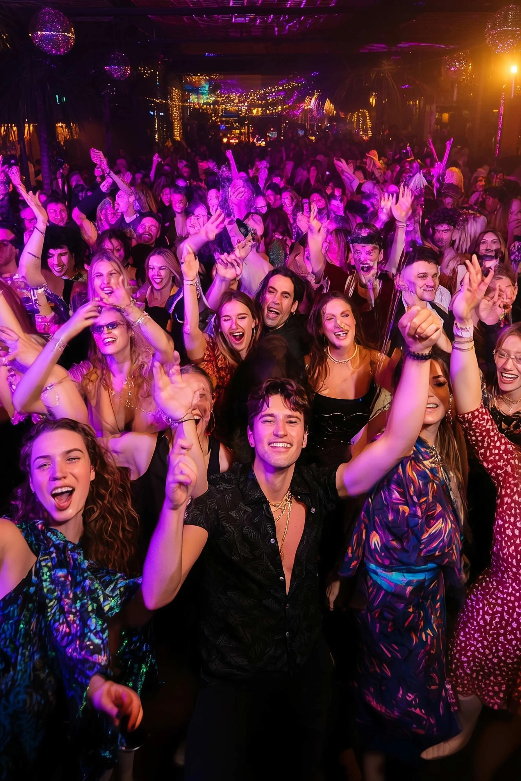 A large crowd of people dancing and celebrating at a party or concert with colorful lights and decorations.