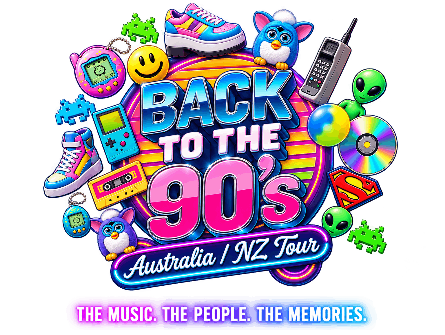Colorful neon-style graphic for the Australia/NZ Tour of 'Back to the 90s' featuring 90s nostalgia items like sneakers, a Tamagotchi, smiley face, pixelated aliens, cassette tape, CD, cell phone, and cartoon characters, with the text 'Back to the 90s Australia/NZ Tour' and the tagline 'The music. The people. The memories.'